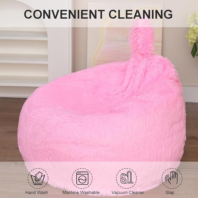 BCU Bean Bag Chairs for Kids and Adults Without Filler (Cover Only) Comfy Plush Fluffy Bean Bag Chair Cover Lazy Sofa Cover for Bedroom Living Room, Snow Pink