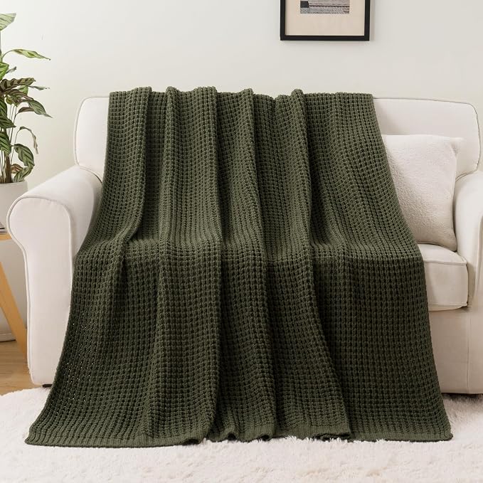 Bunnikins & Clover Olive Green Throw Blanket for Couch, Waffle Knit Blanket Throw, Super Soft Warm Dark Green Throw Blanket for Home Decor,Sofa and Living Room, 50"x60"