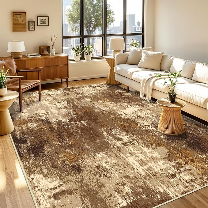 RELEANY Washable Area Rugs 2'x3' Non-Slip Modern Abstract Soft for Living Room Entryway Bedroom Nursery, Print Pattern, Brown Tan Beige Coffee