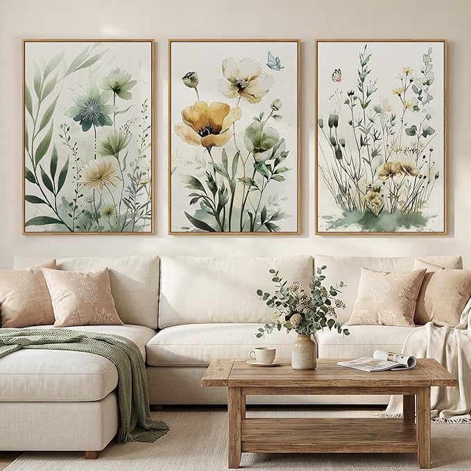 Large Framed Botanical Wall Art for Living Room, 3 Piece Sage Green Boho Floral Canvas Prints Paintings, Modern Farmhouse Watercolor Wildflower Pictures for Bedroom Dining Room Wall Decor, 24x36 Inch
