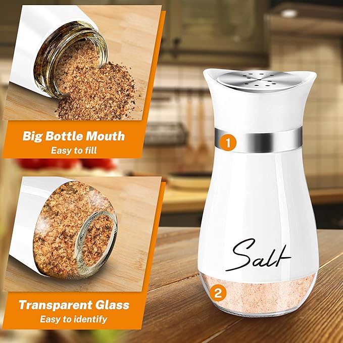 Salt and Pepper Shakers Set with Holder,4 oz Bottom Salt Shaker with Stainless Steel Lid for Kitchen Gadgets Cooking Table Housewarming Gift Christmas Decor Refillable Design (Black + White)