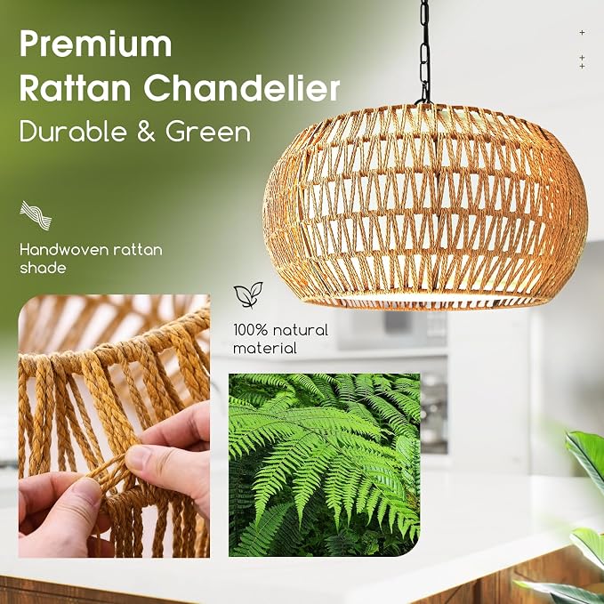 5-Lights Boho Rattan Chandelier for Dining Room, 19" Farmhouse Chandelier Light Fixtures with Fabric Shade, Large Hand Woven Pendant Lighting for Kitchen Island, Living Room