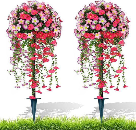 2Pcs Artificial Morning Glory Topiary Trees, Red Fake Shrubs Bushes with Ground Spike, Faux Evergreen for Porch Plants, UV Resistant Artificial Flowers for Outdoors Indoor Front Garden