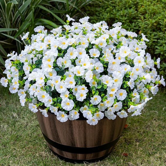 Nigirior Artificial Faux Flowers for Outdoor 16 Bundles Boxwood Fake Morning Glory for Planter,UV Resistant Fake Flowers for Home Porch Patio Outside（White）