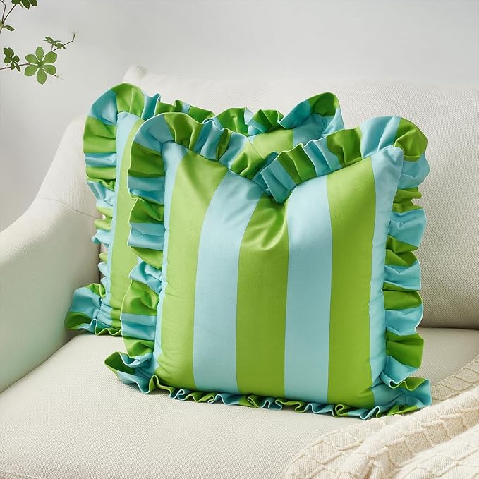 MONDAY MOOSE Decorative Throw Pillow Covers, Set of 2 Water-Resistant Striped Design with Ruffle Edge for Outdoor/Indoor Use, Pillow Inserts Not Included (20x20 inch, Light Green/Light Blue)
