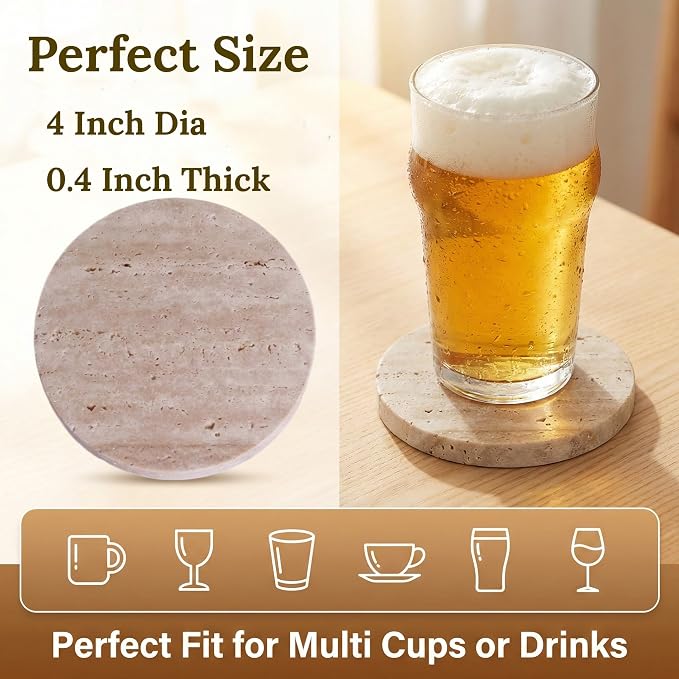 Travertine Stone Coasters, Round 4", Set of 4 | Drink Coasters, Housewarming Desktop Protection, Suitable for Various Cups, Sturdy and Durable, Aesthetics