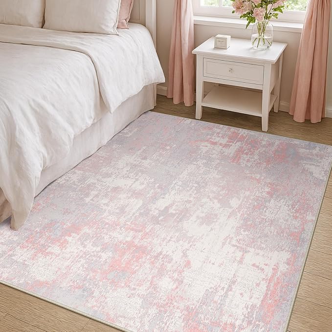 RELEANY Washable Area Rugs 4'x6' Non-Slip Modern Abstract Soft for Living Room Entryway Bedroom Nursery, Print Pattern, Grey Pink