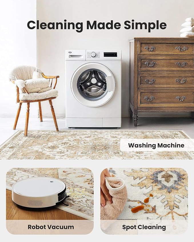 AMADA HOMEFURNISHING Round 4ft Area Rugs, Low-Profile Washable Rug with Non-Slip Backing & Durable Edge Binding, Vintage Rugs for Living Room, Bedroom, Dinning Room