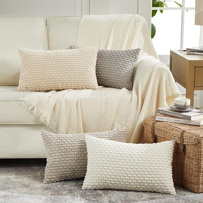 Fancy Homi 2 Packs Cream Decorative Throw Pillow Covers 12x20 Inch for Couch Bed Sofa, Modern Farmhouse Boho Home Decor, Soft Cute Plush Corduroy Cushion Case 30x50 CM