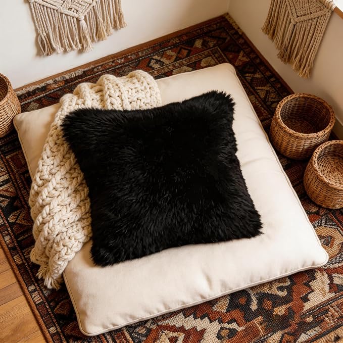 Luxury Soft Fur Sheepskin Fleece Cushion Cover Pillowcase Decorative Throw Pillows Covers, No Pillow Insert, 1pc (Inky Black, 18"×18")