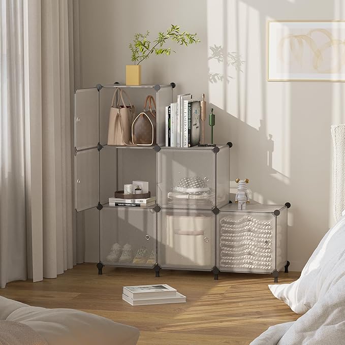 Cube Storage Organizer, 6-Cube Shelves Unit with Doors, DIY Stackable Plastic Clothes Organizer for Bedroom and Under Stairs Storage Unit, Each Compartment 30 x 30 x 30 cm Striped White