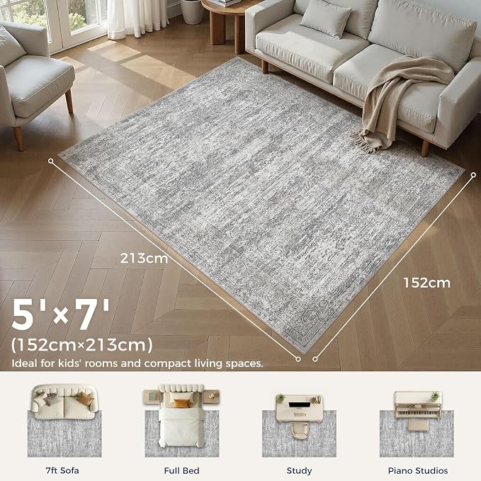 DMOYEST Area Rug Living Room Rugs - 5x7 Abstract Large Soft Indoor Washable Rug Neutral Modern Low Pile Carpet for Bedroom Dining Room Farmhouse Home Office - Vintage Grey