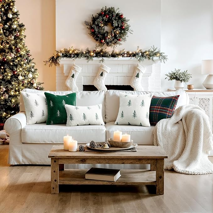 MIULEE Christmas Decorative Pillow Covers Set of 2 Faux Fur Throw Pillows with Embroidered Christmas Tree 18x18 Inch White Green Winter Couch Covers for Festival Sofa Bedroom Living Room Home Decor