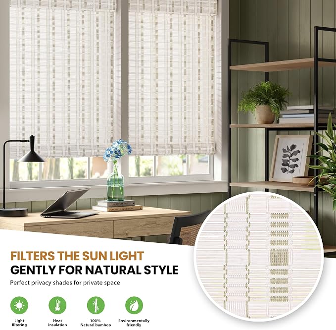 LazBlinds No Drill Bamboo Roman Shades, 46x64, Whitewash B | Light Filtering Window Treatment, No Tools Cordless Roll Up Bamboo Blinds for Window