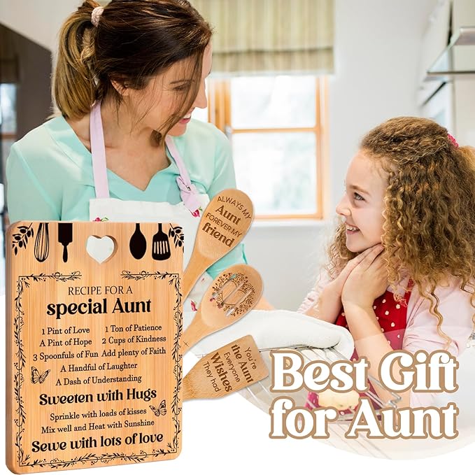 Gifts for Aunt - "Recipe for a Special Aunt" Aunt Birthday Gifts Cutting Board Set, Bamboo-Made Engraved Utensil Set, Aunty Birthday Gifts, Mothers Day Gifts for Aunt