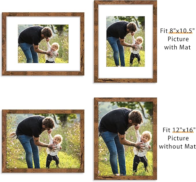 Picrit 12x16 Picture Frame Set of 12, Display 8.5x11 with Mat or 12x16 without Mat, Photo Frames for Wall Mounting Display, Brown