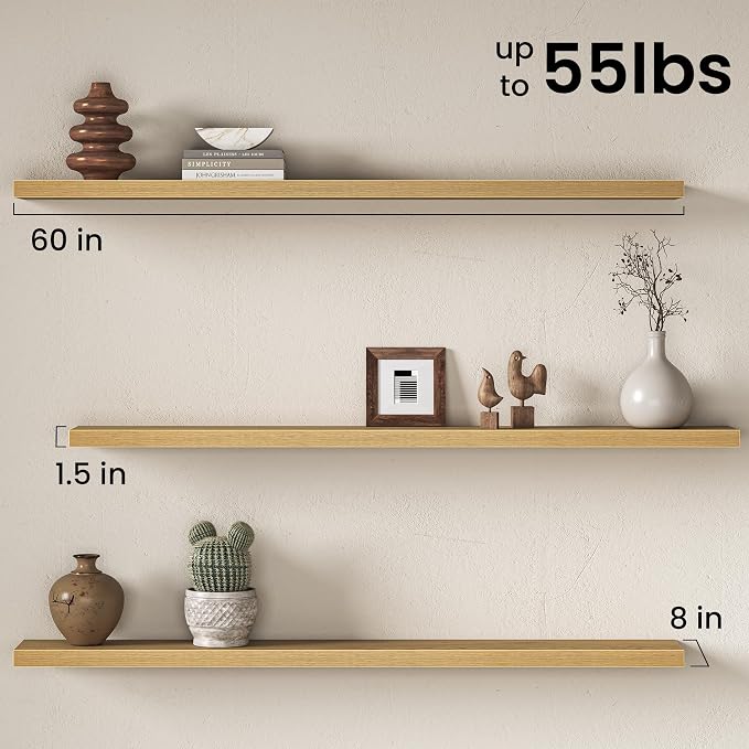 Fun Memories 60Inch Long Floating Shelves, 8 Inch Deep Shelves for Bedroom|Living Room, Wall Mounted Wood Hanging Shelf with Invisible Brackets for Fireplace Mantel Home Storage Decor, Oak - 2 Pack