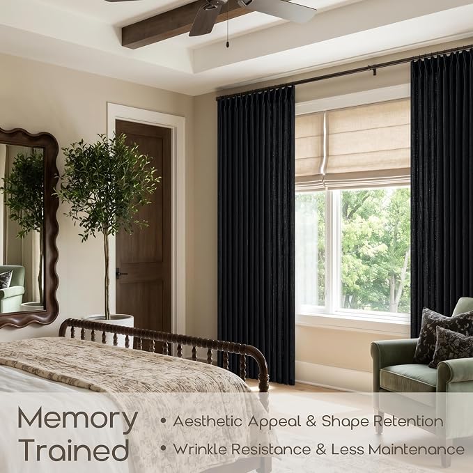 Pinch Pleated Linen Black Curtains 84 Inches 2 Panels Modern Vintage Light Filtering Privacy Textured Pinch Pleat Curtains with Hooks Rings for Living Room Bedroom Memory Trained Burlap Drapes 40x84