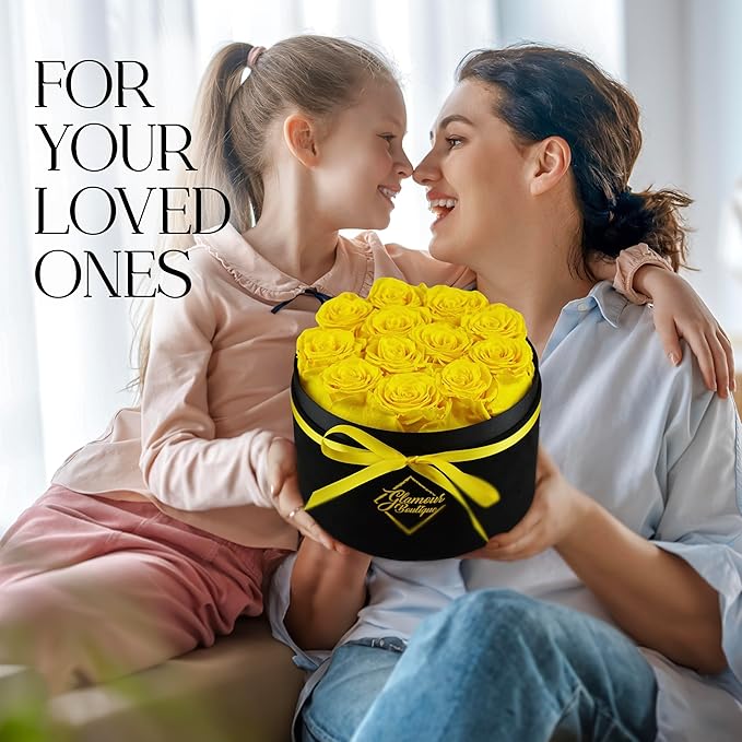 GLAMOUR BOUTIQUE Flowers Forever Gift Box, 12 Real Preserved Roses in Velvet Box, Floral Gift for Her, Mom or Wife for Birthday, Mother’s Day, Anniversary or Graduation, Yellow (Color-Treated)