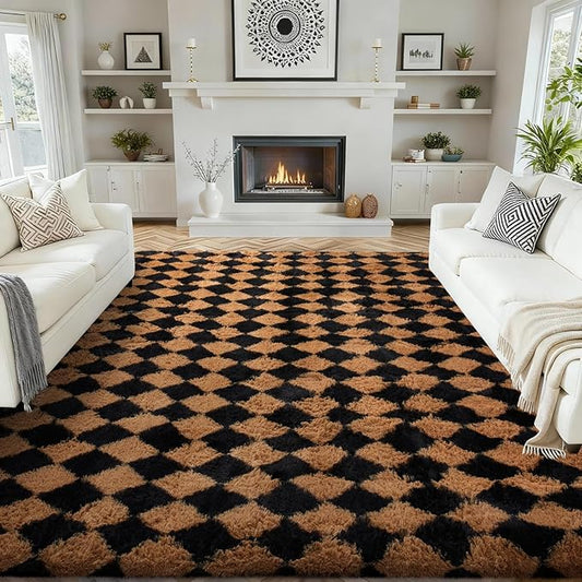 Ophanie Black & Beige Diamond Checkered Rugs for Living Room Bedroom, Large Rhombus Fluffy Soft Fuzzy Area Rugs, Plush Shaggy Bedside Floor 8x10 Carpet for Kids Baby Teen Dorm Home Decor Aesthetic