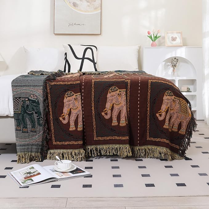 Boho Throw Blanket for Bed with Tassels,100% Cotton Ultra Soft and Cozy Large Blanket Elephant Printed Farmhouse Decor Bed Blankets,80"×90" All Season Rustic Throw for Sofa Couch Chair-Brown