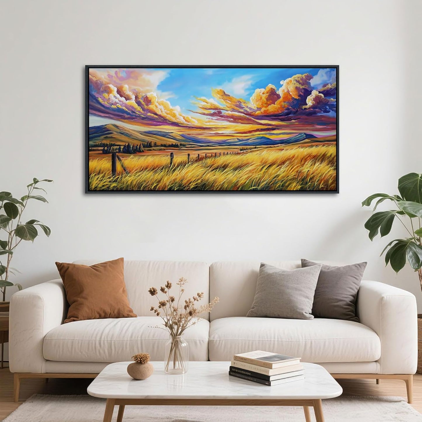 QZQCBLC Large Wall Art Living room, Golden Wheat Fields Mountain Clouds Fall Landscape Blue Oil Paintings Artwork for Bedroom Home Kitchen Office Wall Pictures Framed Decor 24x48 IN