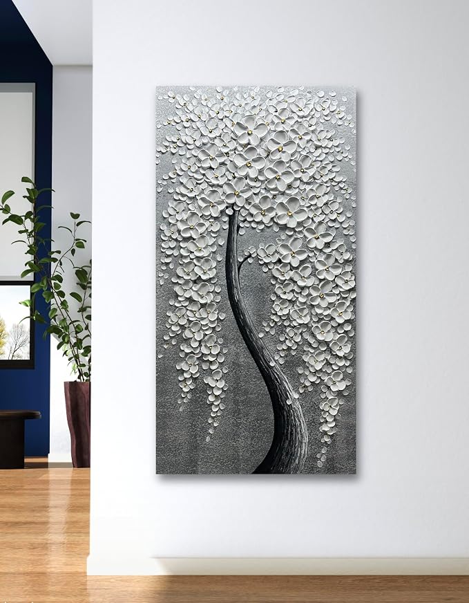 Yika Art Paintings - 24X48 Inch 3D White Flower Tree Wall Art Abstract Textured Knife Platte Acrylic Painting on Canvas 3D Flowers Tree Paintings Ready to hang