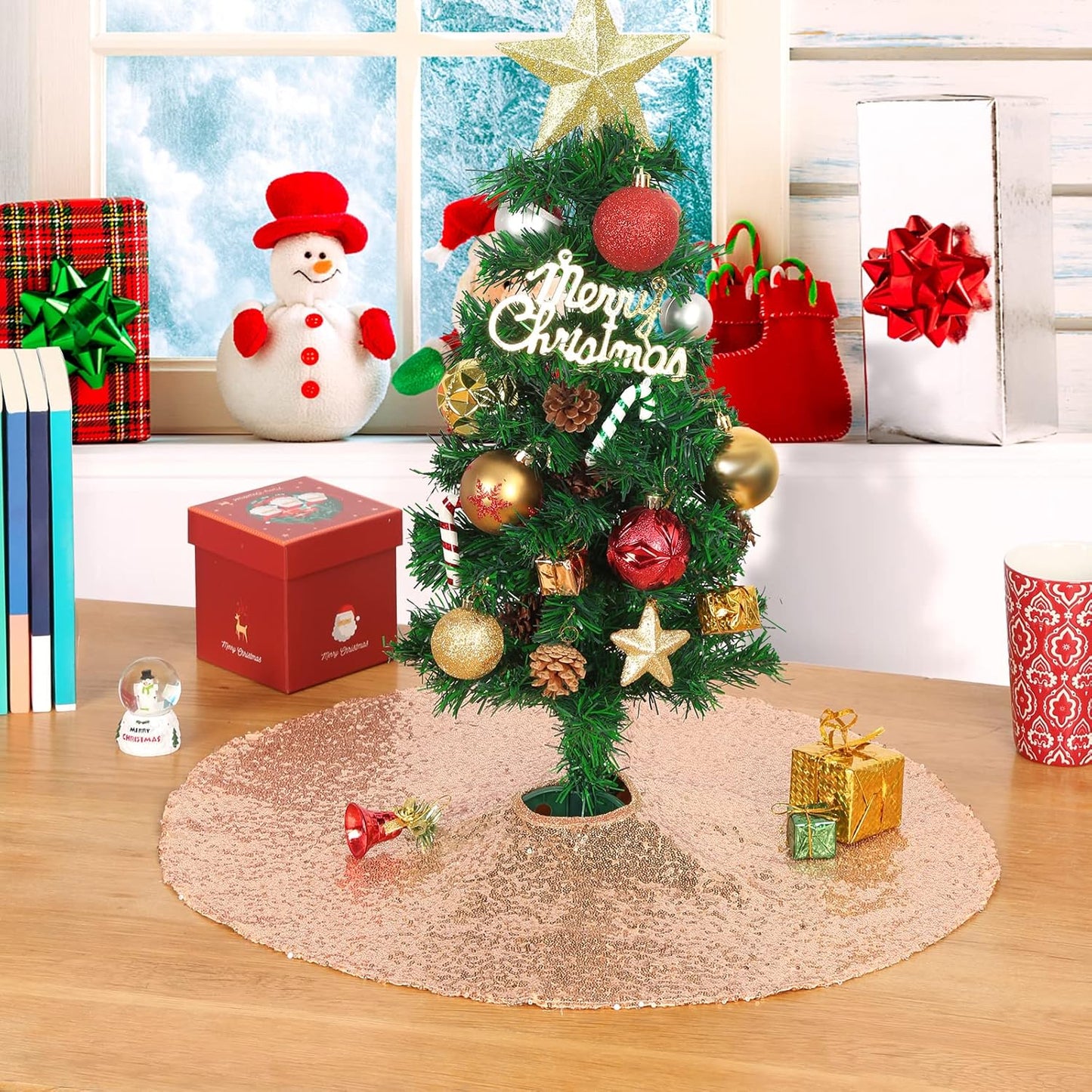 Rose Gold Christmas Tree Skirt 24 Inches Sequin Tree Skirt Small Tree Skirt for Christmas Decorations