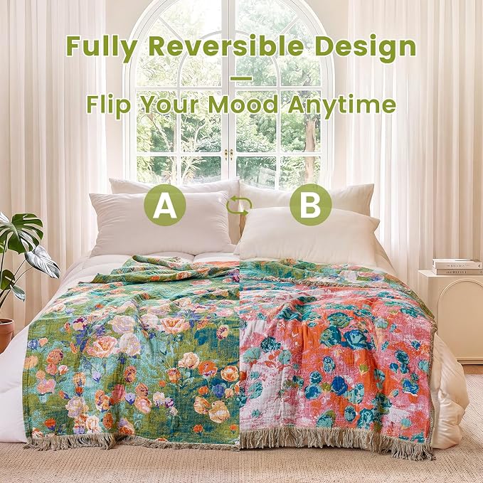 MSGKV Boho Throw Blanket for Bed Cotton Floral Twin Size Couch Blanket 60"x80" Muslin Summer Breathable Lightweight Farmhouse Blankets All Seasons