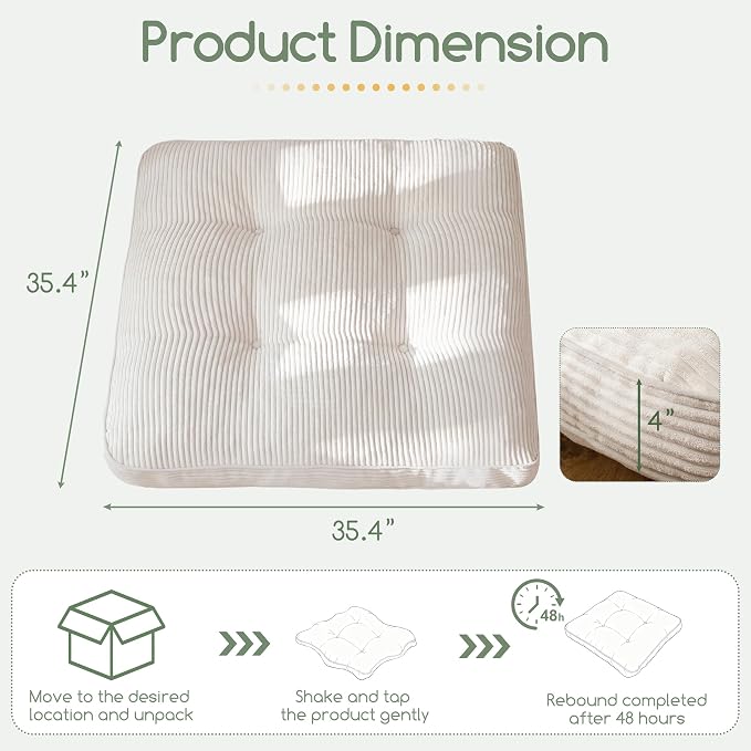 HIGOGOGO 35" Floor Pillow Cushion for Adults, Meditation Cushion Pillow, Extra Large Square Floor Sitting, Tufted Corduroy Cover for Tatami Living Room or Yoga, Beige