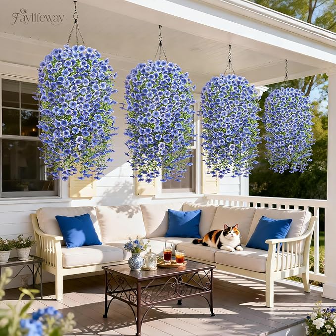 Artificial Hanging Flowers for Outdoors Spring Summer Decoration, 8PCS UV Resistant Silk Fake Hanging Plants for Patio Porch Front Yard Window Garden Indoor Decor(Blue,8PCS)