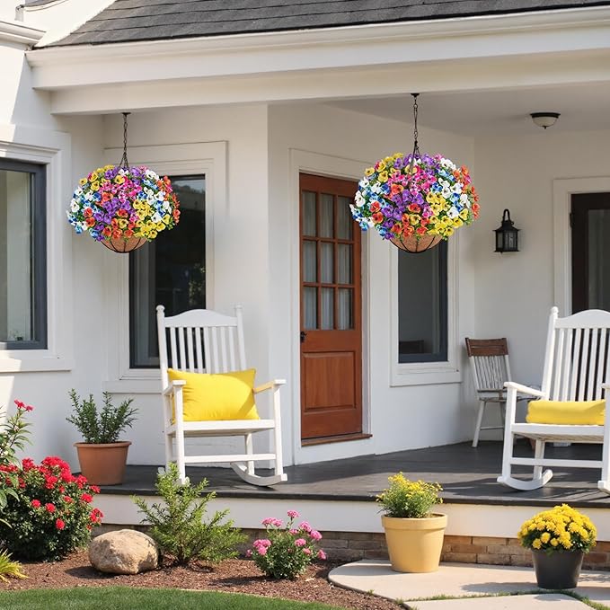 Artificial Hanging Flowers with Baskets for Outdoors, Fake Silk Pansy Flowers UV Resistant Faux Hanging Plants for Front Porch Patio Yard Home Spring Summer Decoration, Multicolor
