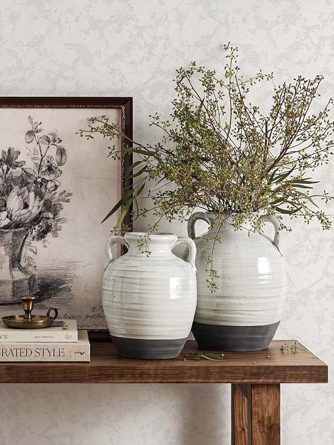 Large White Ceramic Vase - 11.3 Inch Rustic Farmhouse Vase with Handles for Home Decor, Vintage Tall Vases for Living Room, Table, Bathroom, Holiday & Weddings (Aurora White)