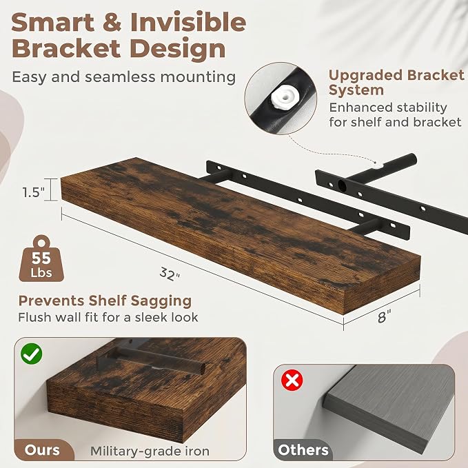 32 Inch Floating Shelves for Wall, 8"D Wood Storage Shelves, Brown Finish | Engineered Wood, Invisible Bracket, Large Storage, Easy Install, Hold Up to 55lbs, Living Room, Bathroom, Bedroom, Kitchen