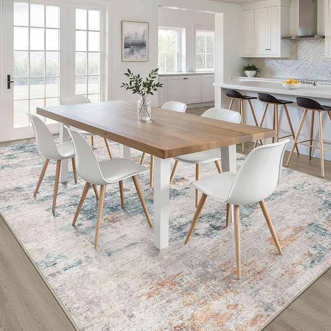 6x8 Area Rug Living Room: Washable Large Neutral Aqua Brown Rugs Abstract Soft Modern Stain Resistant Indoor Floor Non-Slip Carpet for Bedroom Nursery Kids Office Playroom Dining Room Under Table