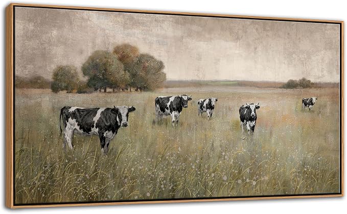 YDYSUNE Cow Pasture Wall Art - Rustic Landscape Canvas Print,Beige and Black Farm Animal Framed Picture,Grazing Cows Painting for Living Room Bedroom Country Kitchen Decor Artwork Size 24×48inch