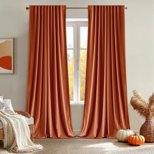 MIULEE Fall Burnt Orange Velvet Curtains 108 Inches Long 2 Panels - Back Tab and Pleated Luxury Window Curtains for Bedroom Living Room Blackout Thermal Insulated Soft Drapes Terracotta Rust Decor