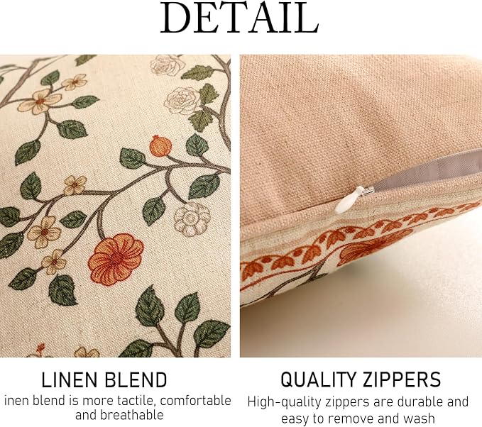 ISAENNE Designer Elegant Linen Throw Pillow Cover,Set of 2,18"x18"-Flora A | French Square Decor Pillow Cover,Concealed Zipper Design,Floral Pattern,Sofa,Bedroom,Living Room,Lounge Chairs