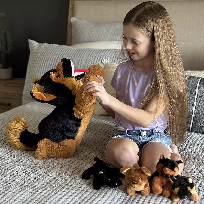 MaoGoLan 5Pcs Giant German Shepherd Dog Plush Toys with 4 Babies, Realistic Soft and Cuddly Stuffed Dog Puppies for Kids, Puppy Lovers