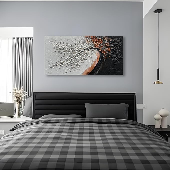 Hand-Painted 24x48 inch White and Black Abstract Flower Tree Painting Canvas Mural Living Room Bedroom Dining Room Wall Art Deco Painting