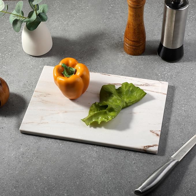 Koville Marble Cutting Board for Kitchen, 12" x 8" Real Stone Slab Marble Cheese Board for Home Decor, Stone Pastry Boards Cutting Boards Candle Plate (White/Brown Random)- Palissandro Classico