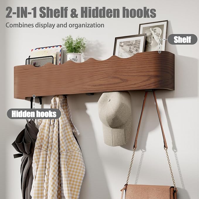 Coat Rack Wall Mount with Shelf 8 Hidden Hooks Modern Wooden Key Holder Entryway Organizer for Hallway Bedroom Bathroom Home Decor Storage for Hanging Coats Hats Bags Towels, Wave-Shape Black
