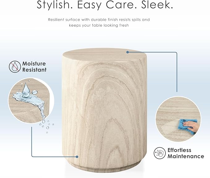 24/7 Shop at Home Ranera Modern 14-inch Natural Stone Side Table with Round Drum Base, Marble Nightstand, Patio End Table, for Living Room, Covered Outdoor Spaces, Balcony, Beige Travertine