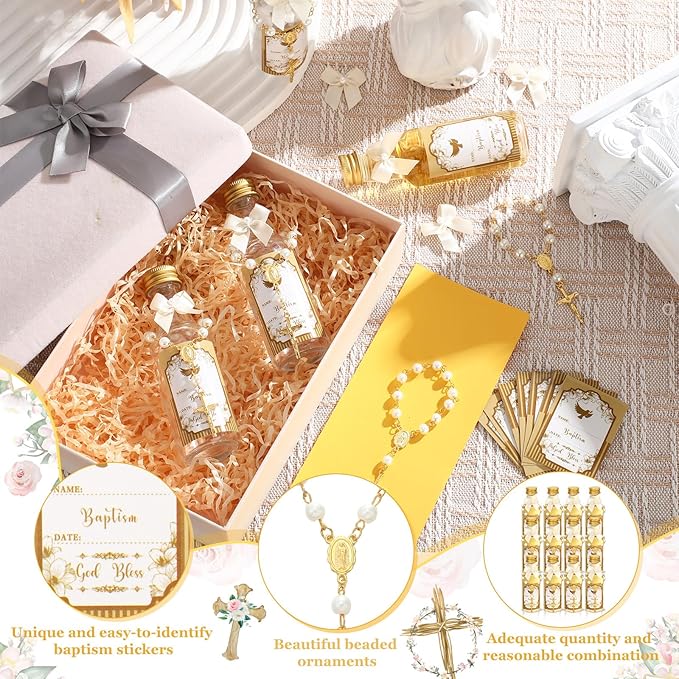 FillTouch 40 Sets Catholic Holy Water Bottle Baptism Rosary Set Baptism Favors 1.7oz Christian Water Container Empty Glass Holy Water Bottle for Easter Party Church Wedding Table Newborn (Gold)