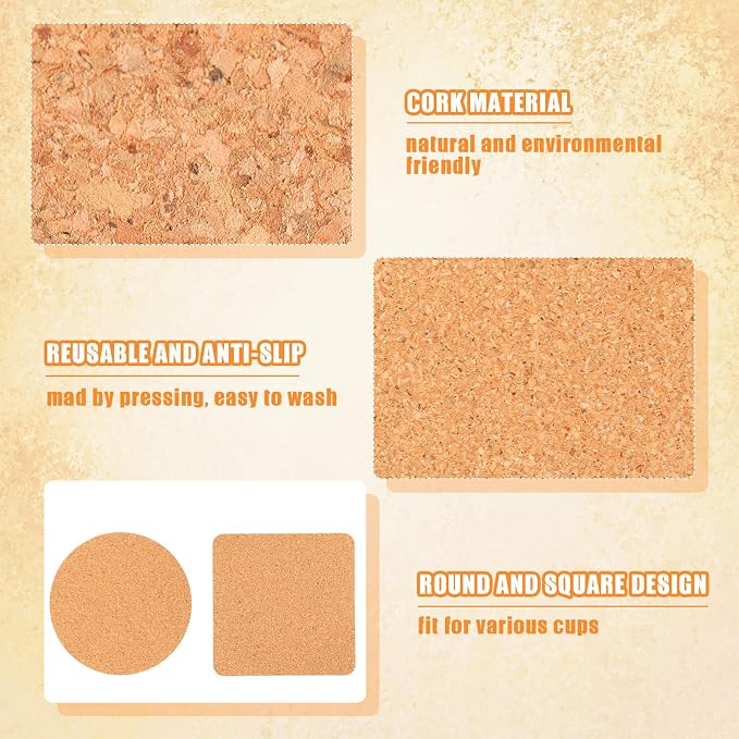 Yaomiao 100 Pcs Cork Coaster Bulk 4 Inch Wooden Coaster Set for Drink Tea Coffee Blank Absorbent Heat Resistant Reusable Home Table Round Square Friend Warm Gift DIY Craft Cafe Kitchen
