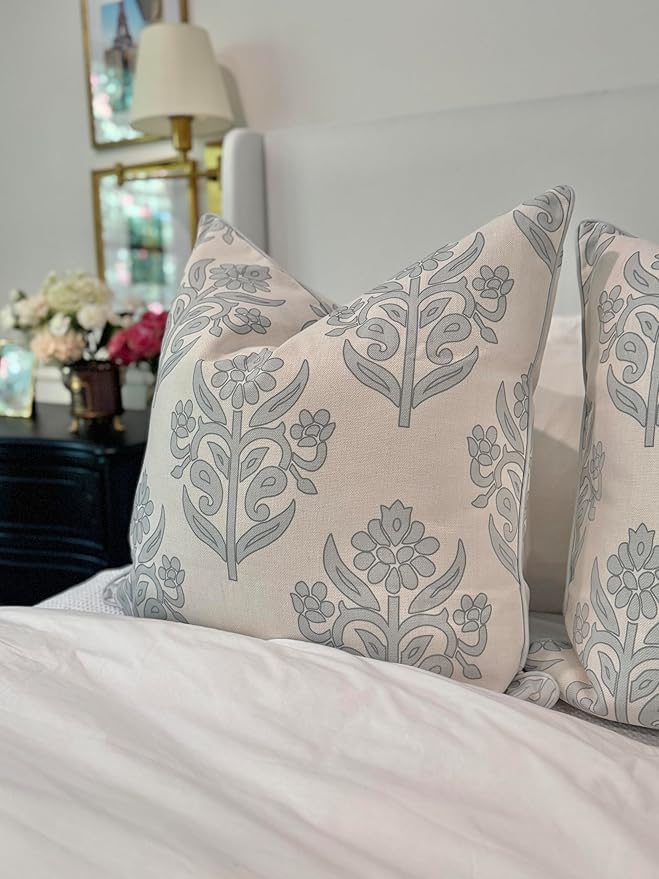 Jillien Harbor “The Naples” Floral Block Print Pillow Cover – Soft Grey and Off-White Decorative Throw Pillow Cover – Grandmillennial Home Decor, 24" x 24"