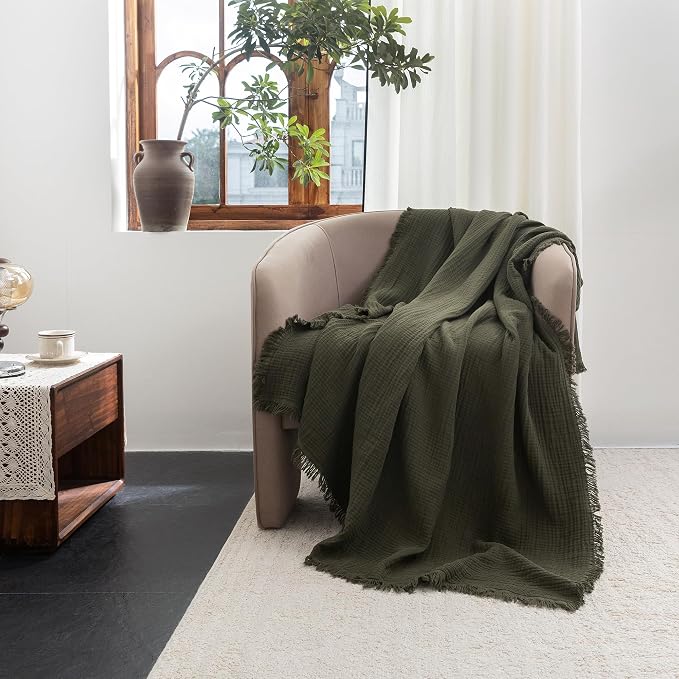 FOSSA Muslin Blanket 4-Layer 100% Cotton Gauze Blanket with Fringe 50"x60" | Super Soft Breathable Lightweight All Season & Decorative Blanket or Bed, Sofa, Office (Olive Green,Throw)