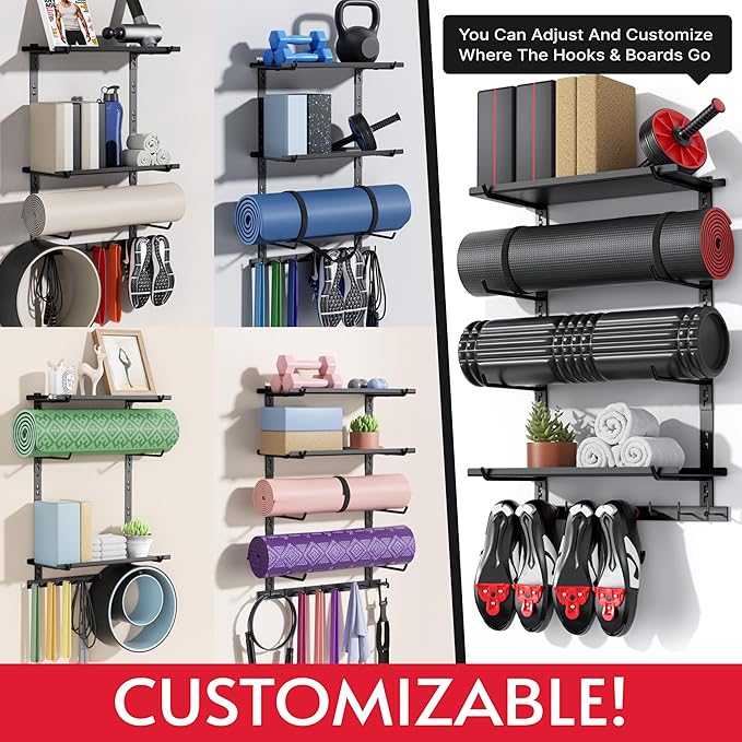 Home Gym Storage Shelf Only, Adjustable Gym Equipment Organizer Wall Mounted with 2 Boards, Yoga Mat Holder, Storage Rack Compatible with Peloton Shoes & Mat, Shelf for Home Training Accessories