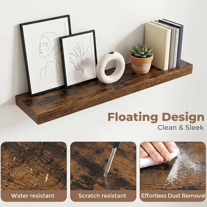 36 Inch Floating Shelves for Wall, 8"D Wood Storage Shelves, Brown Finish | Engineered Wood, Invisible Bracket, Large Storage, Easy Install, Hold Up to 55lbs, Living Room, Bathroom, Bedroom, Kitchen