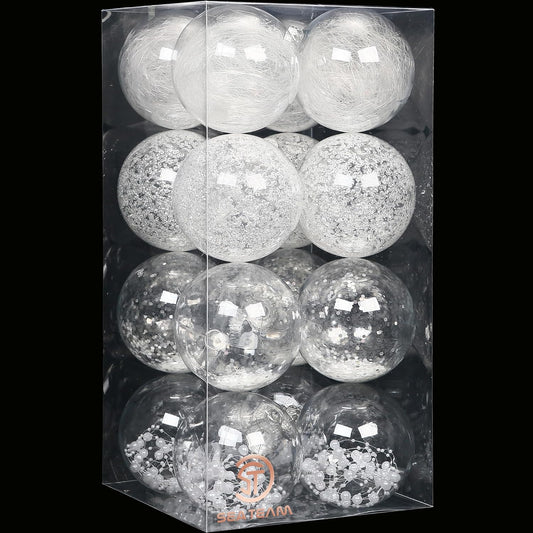 Sea Team Shatterproof Clear Plastic Christmas Ball Ornaments Decorative Xmas Balls Baubles Set with Stuffed Delicate Decorations (100mm/3.94''/16-Pack, White)
